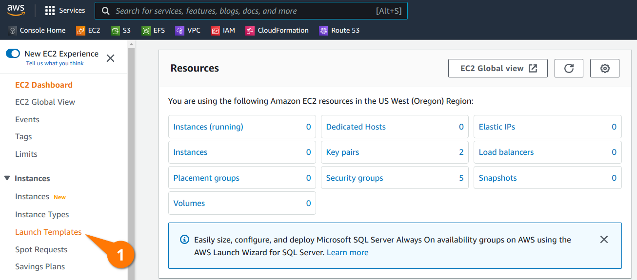 Launch Templates section of the EC2 console