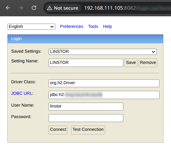 h2 web UI connection screen