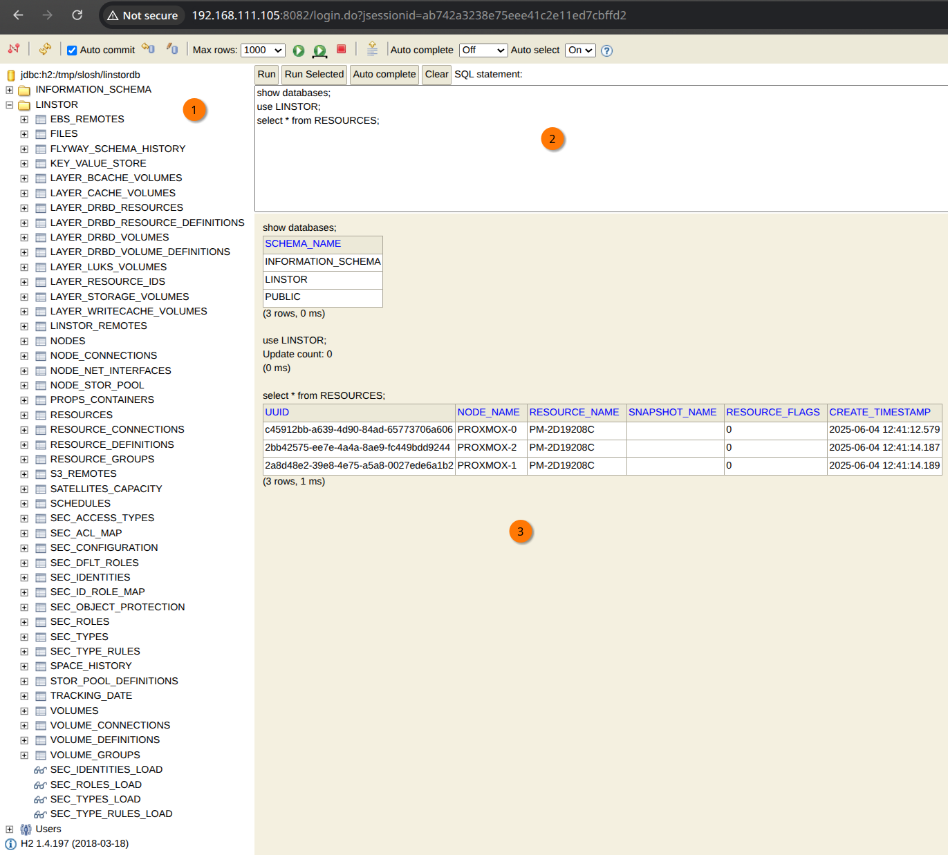 h2 web UI database query