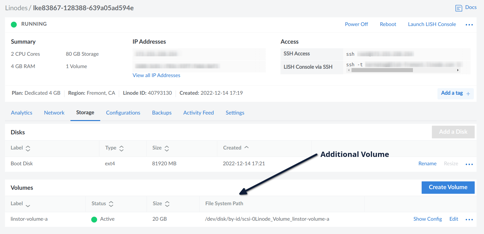 Screenshot of unused LINSTOR Linode volume attached to a
Linode