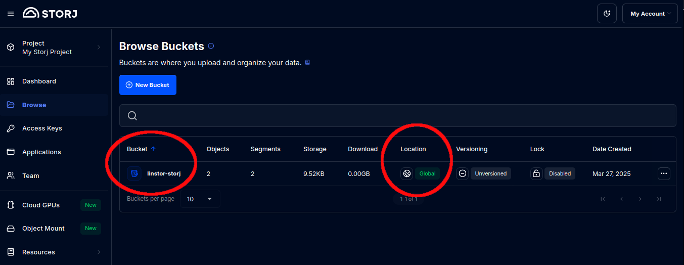 Screen grab of Storj Browse Buckets screen
